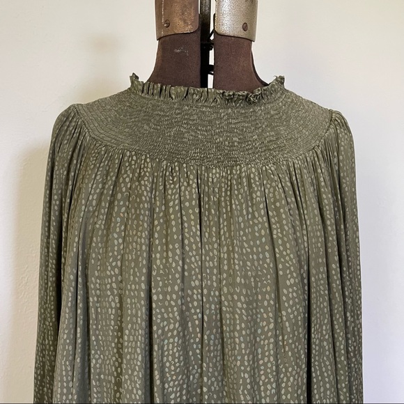 LOFT Fresh Ivy Green Smocked Yoke Swing Dress Women Size XL Long Sleeve Olive - Picture 4 of 11